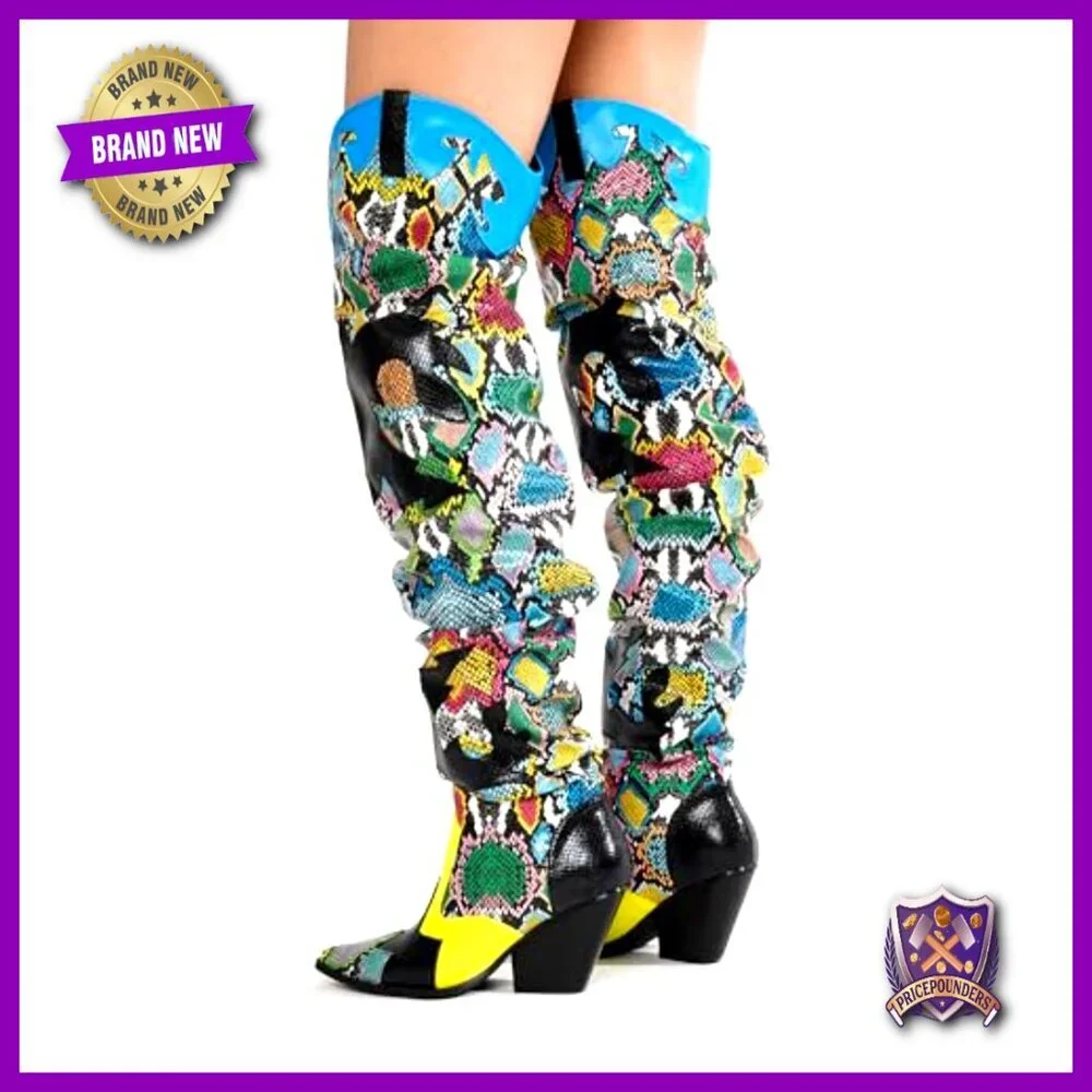 Thigh High Cowboy Boots Chunky Heel Faux Snakeskin Western Booties Slip